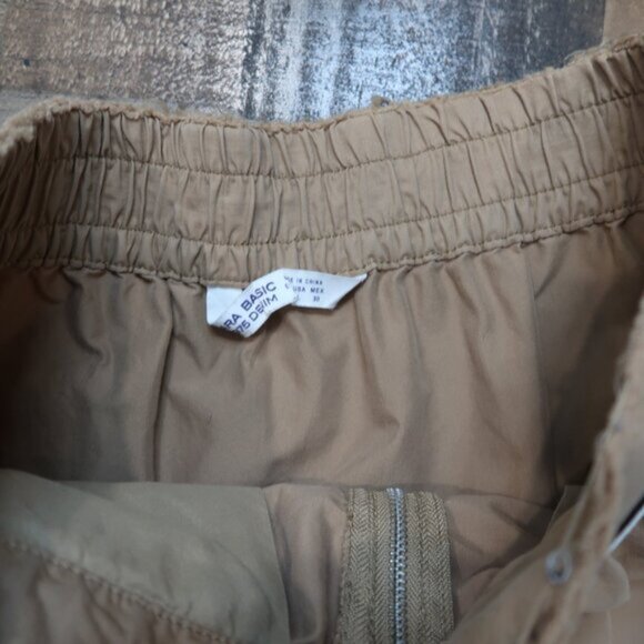 ZARA Basic Denim Womans Large Camel Khaki Zip Front Skirt Below Knee Skirt - Picture 4 of 5